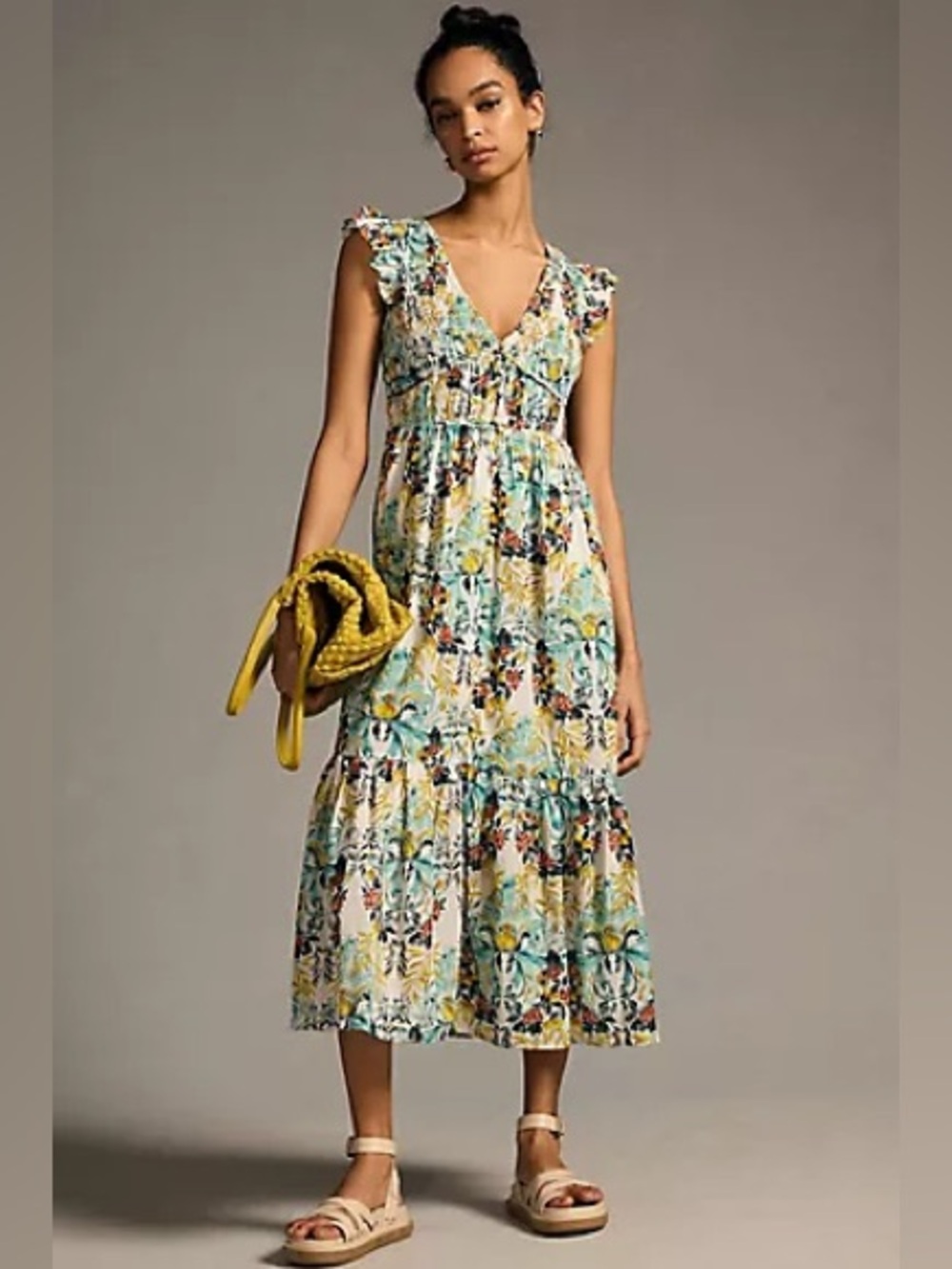 Anthropologie Peregrine Floral V-Neck Tiered Midi Dress in Yellow and Teale